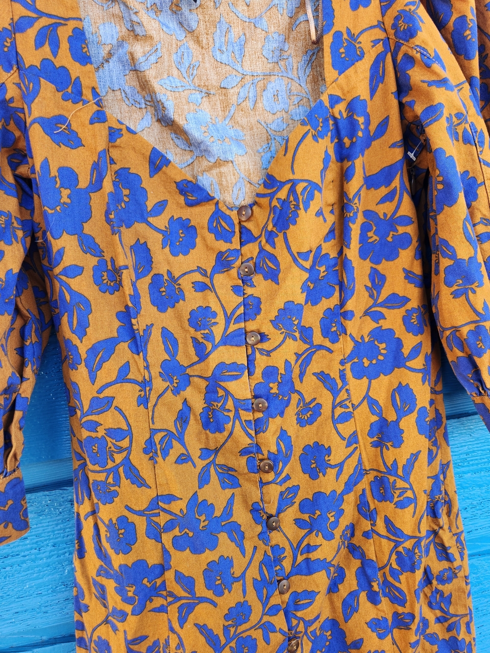 Zara Mustard Midi Dress with Blue Floral Print - Picture 7 of 11